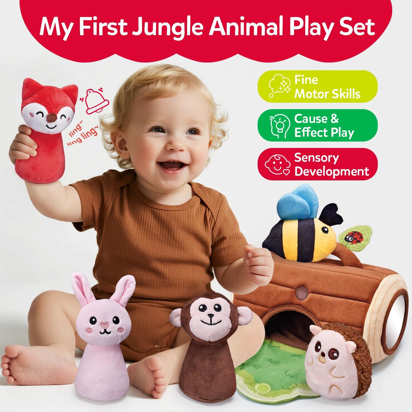 CuteZone Baby Toys 6-12 Months — Jungle Plush Sensory Set with Mirror, Rattle & Squeaker