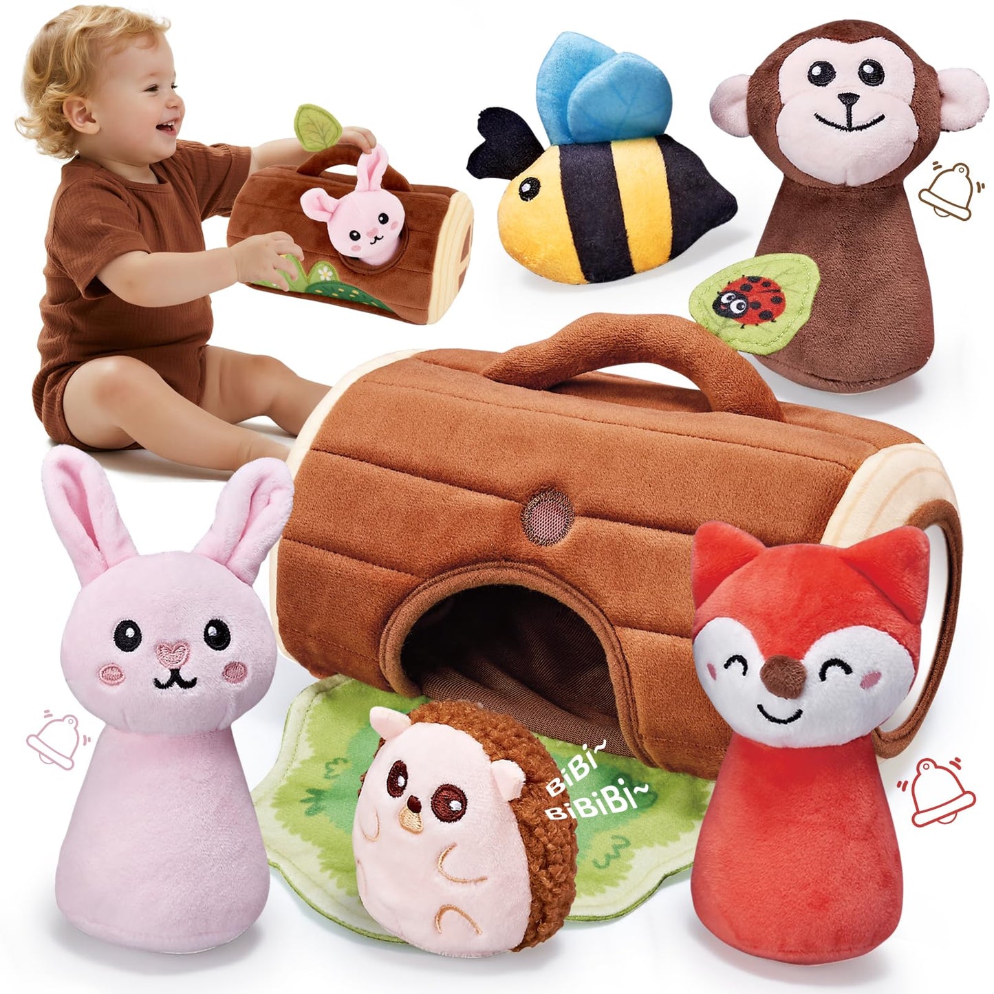 CuteZone Baby Toys 6-12 Months — Jungle Plush Sensory Set with Mirror, Rattle & Squeaker