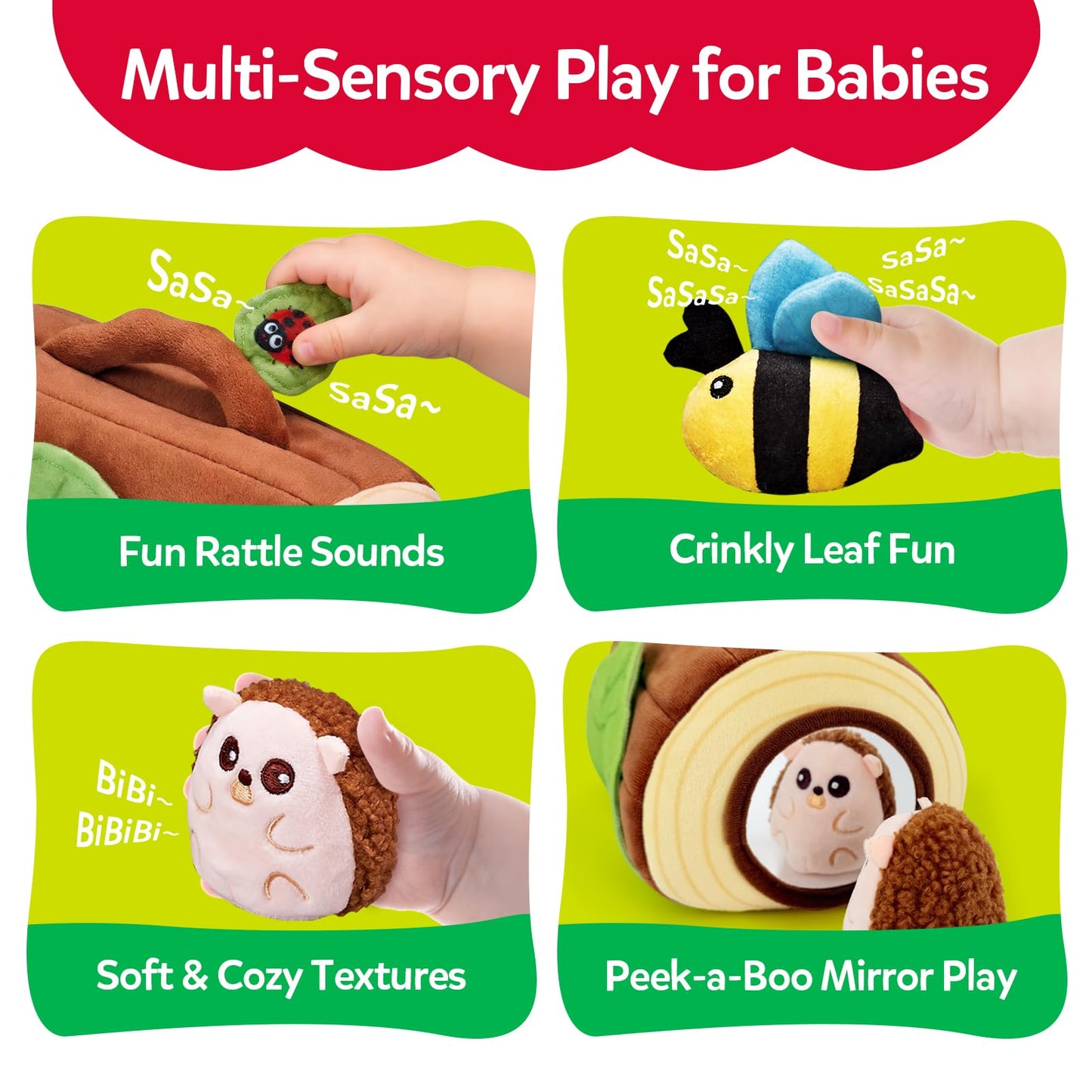 CuteZone Baby Toys 6-12 Months — Jungle Plush Sensory Set with Mirror, Rattle & Squeaker