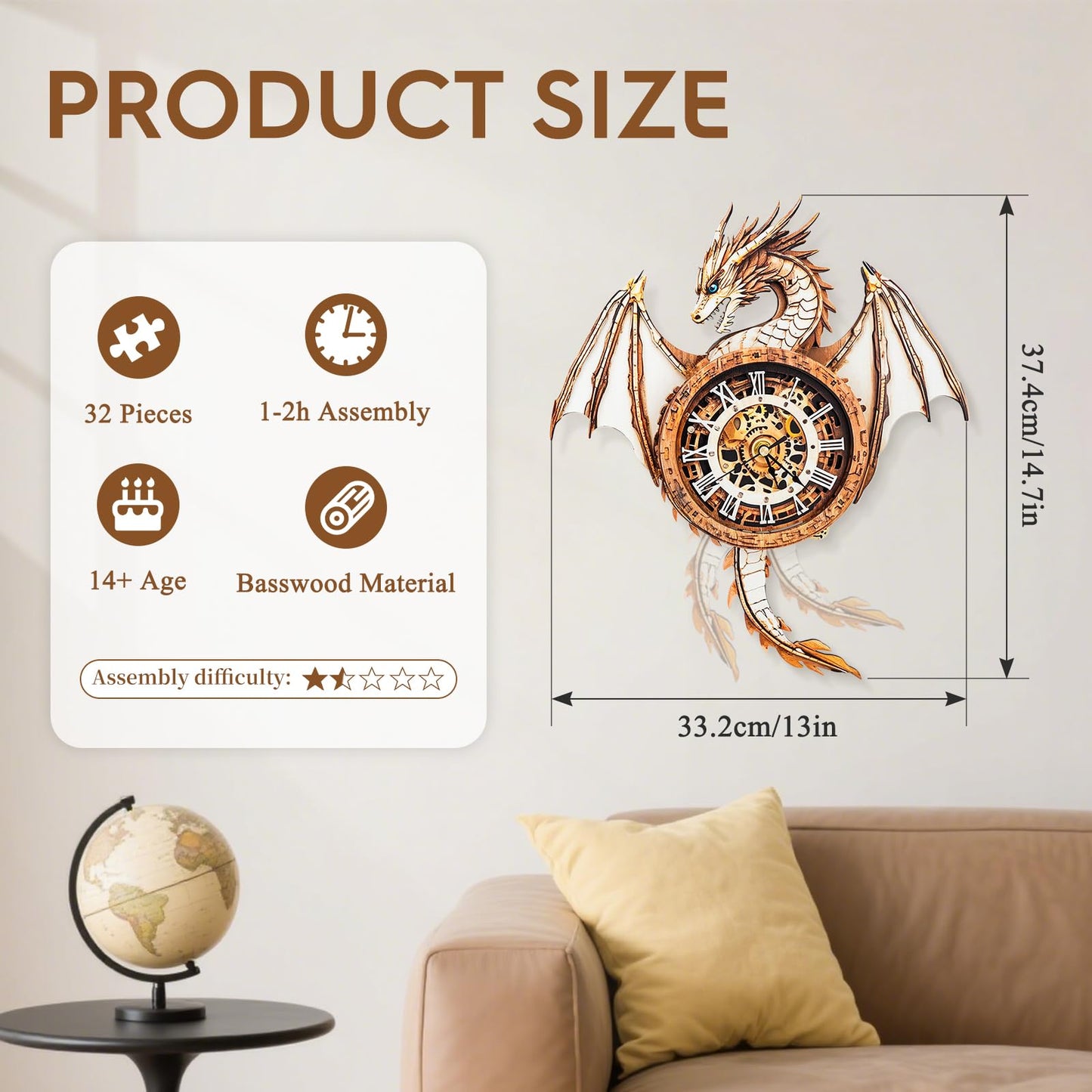 Cutywood Dragon Clock 3D Puzzle – Mechanical DIY Kit for Adults | Desk & Home Decor