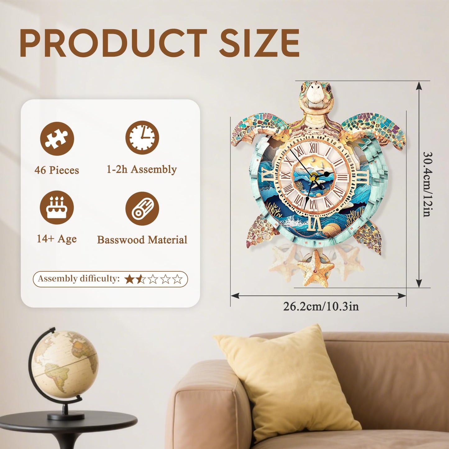 Cutywood 3D Puzzle Clock – Turtle Design DIY Pendulum Clock Kit with Roman Numerals