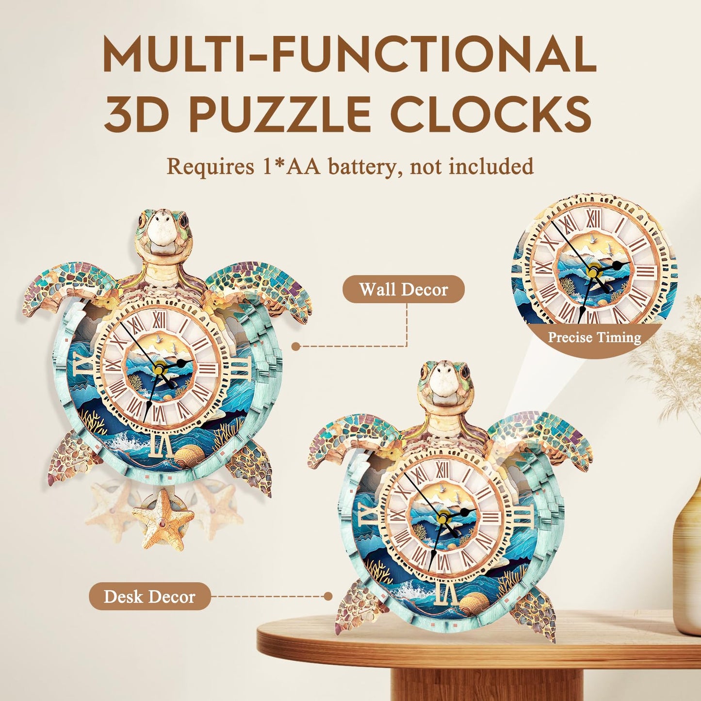 Cutywood 3D Puzzle Clock – Turtle Design DIY Pendulum Clock Kit with Roman Numerals