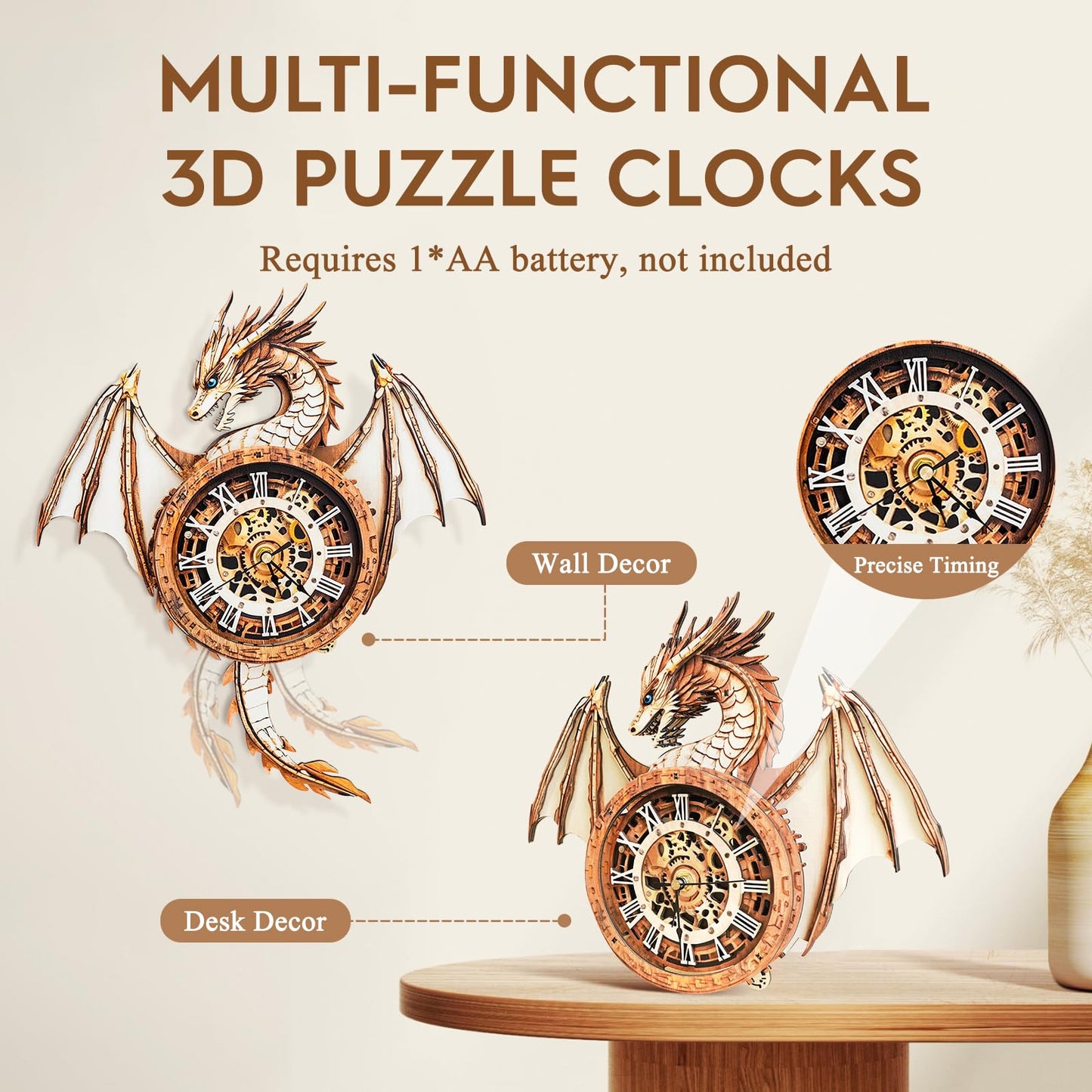 Cutywood Dragon Clock 3D Puzzle – Mechanical DIY Kit for Adults | Desk & Home Decor