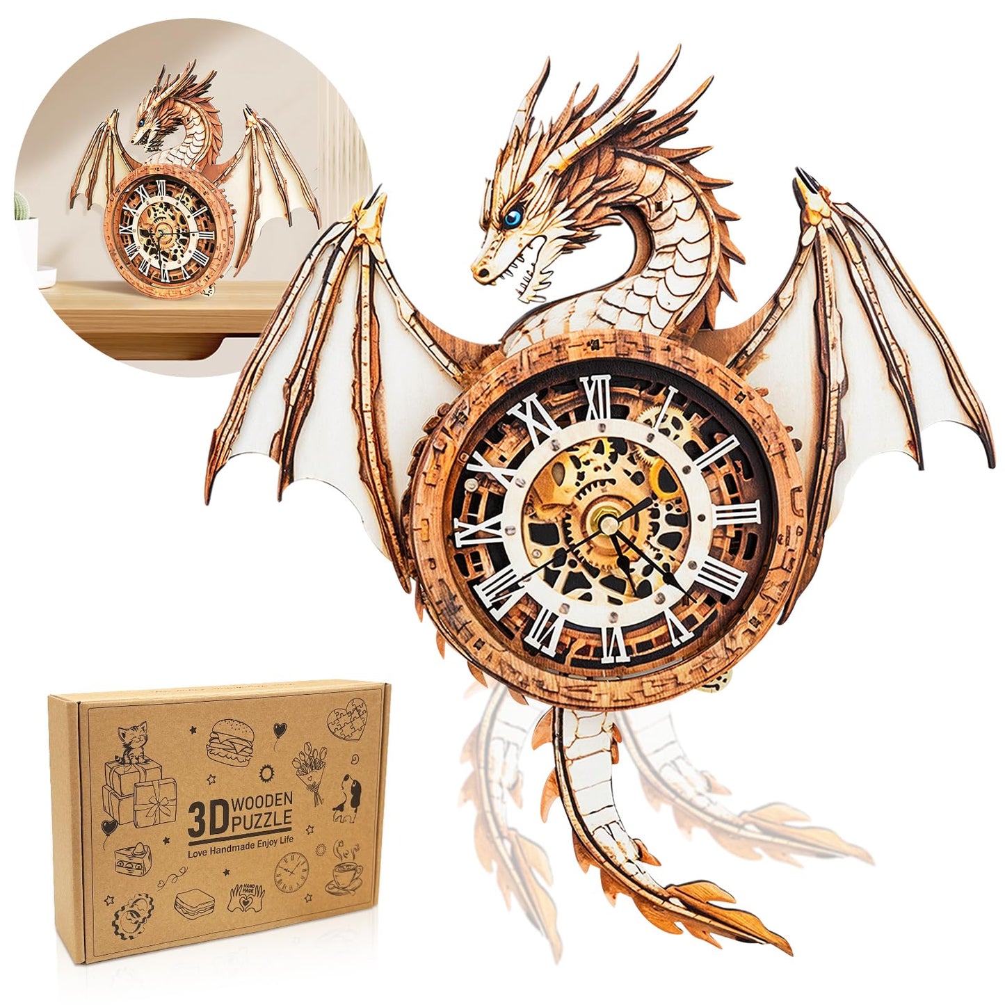 Cutywood Dragon Clock 3D Puzzle – Mechanical DIY Kit for Adults | Desk & Home Decor