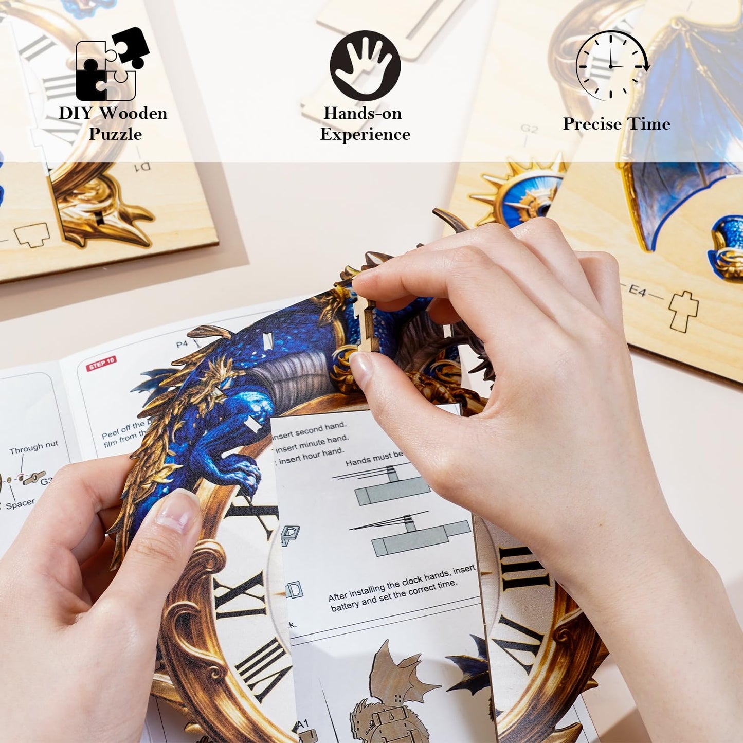 Cutywood 3D Puzzles for Adults: Clock-Blue Dragon Design – Mechanical DIY Pendulum Clock Kit