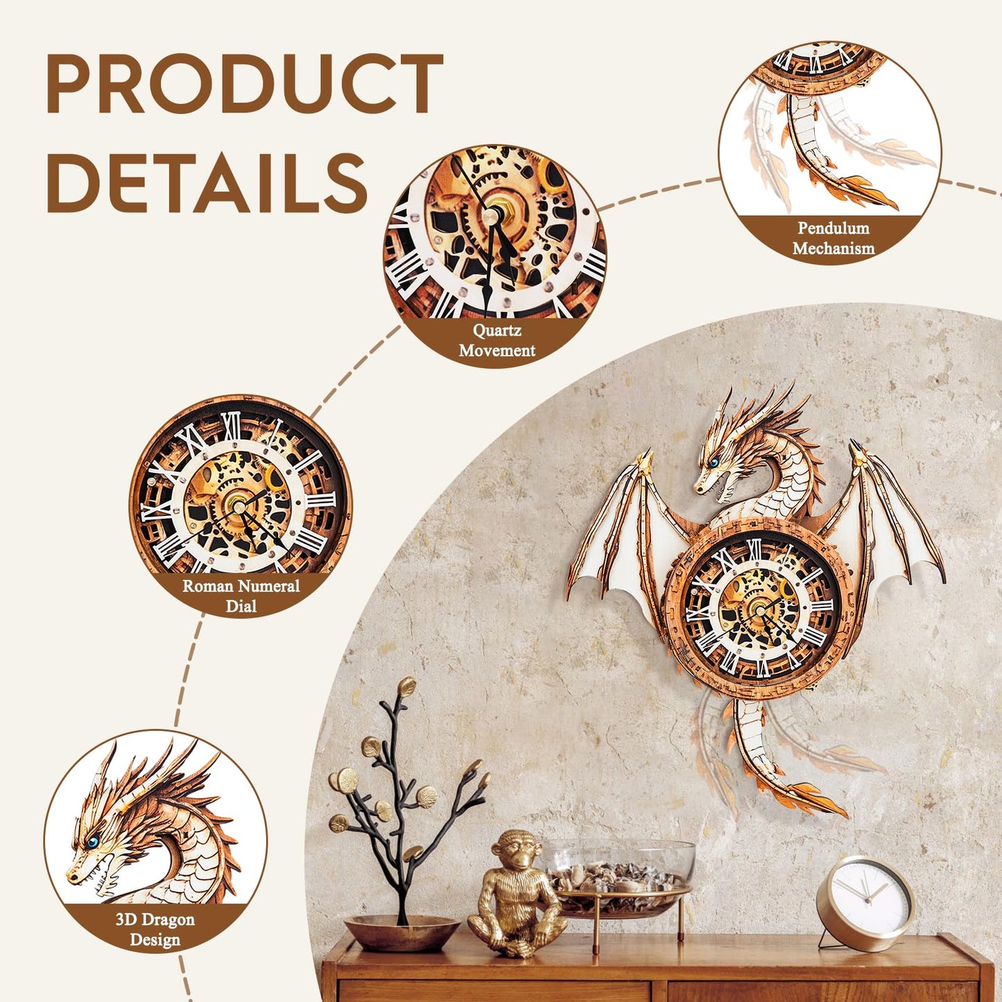 Cutywood Dragon Clock 3D Puzzle – Mechanical DIY Kit for Adults | Desk & Home Decor