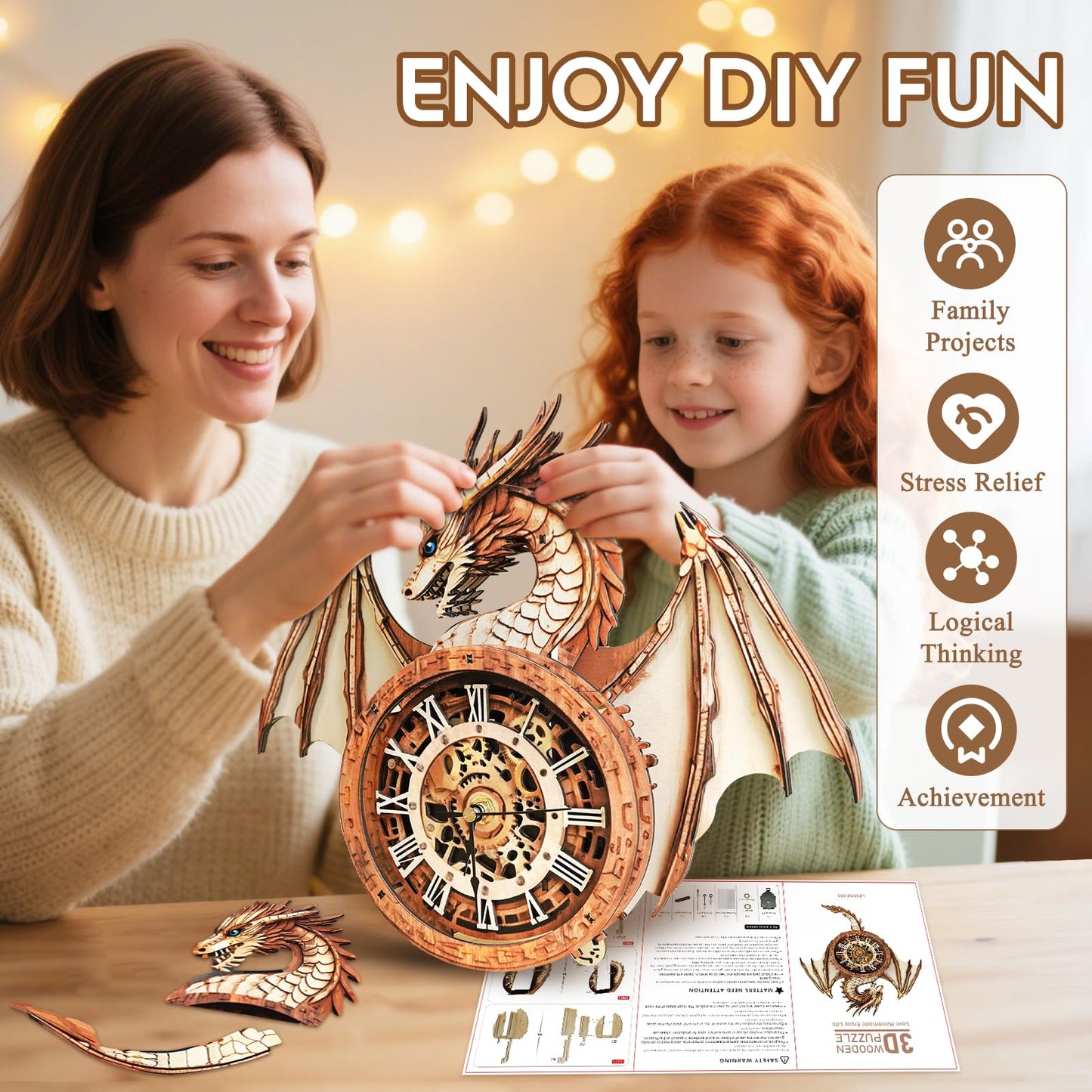 Cutywood Dragon Clock 3D Puzzle – Mechanical DIY Kit for Adults | Desk & Home Decor