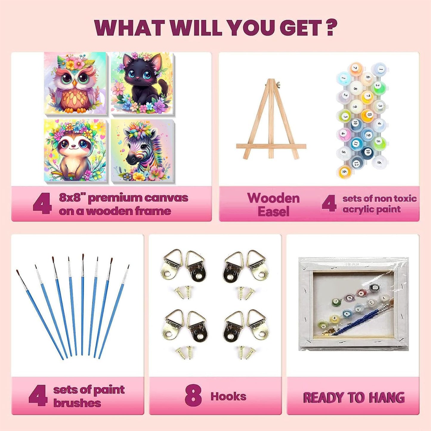 Cviokrdu 4 Pack Paint by Numbers Kits for Kids with Frame & Wooden Easel — 8x8 Inch Animal Designs