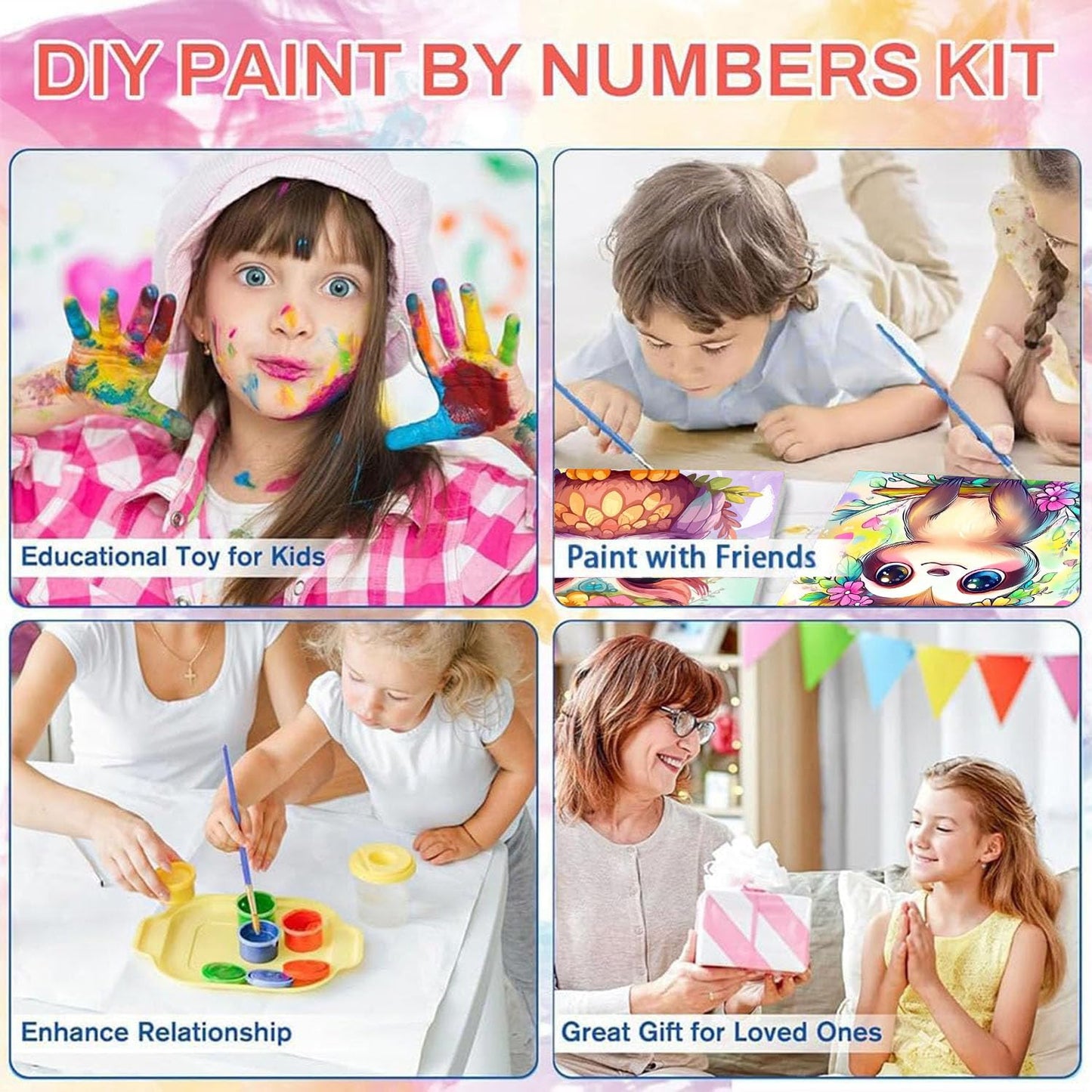 Cviokrdu 4 Pack Paint by Numbers Kits for Kids with Frame & Wooden Easel — 8x8 Inch Animal Designs