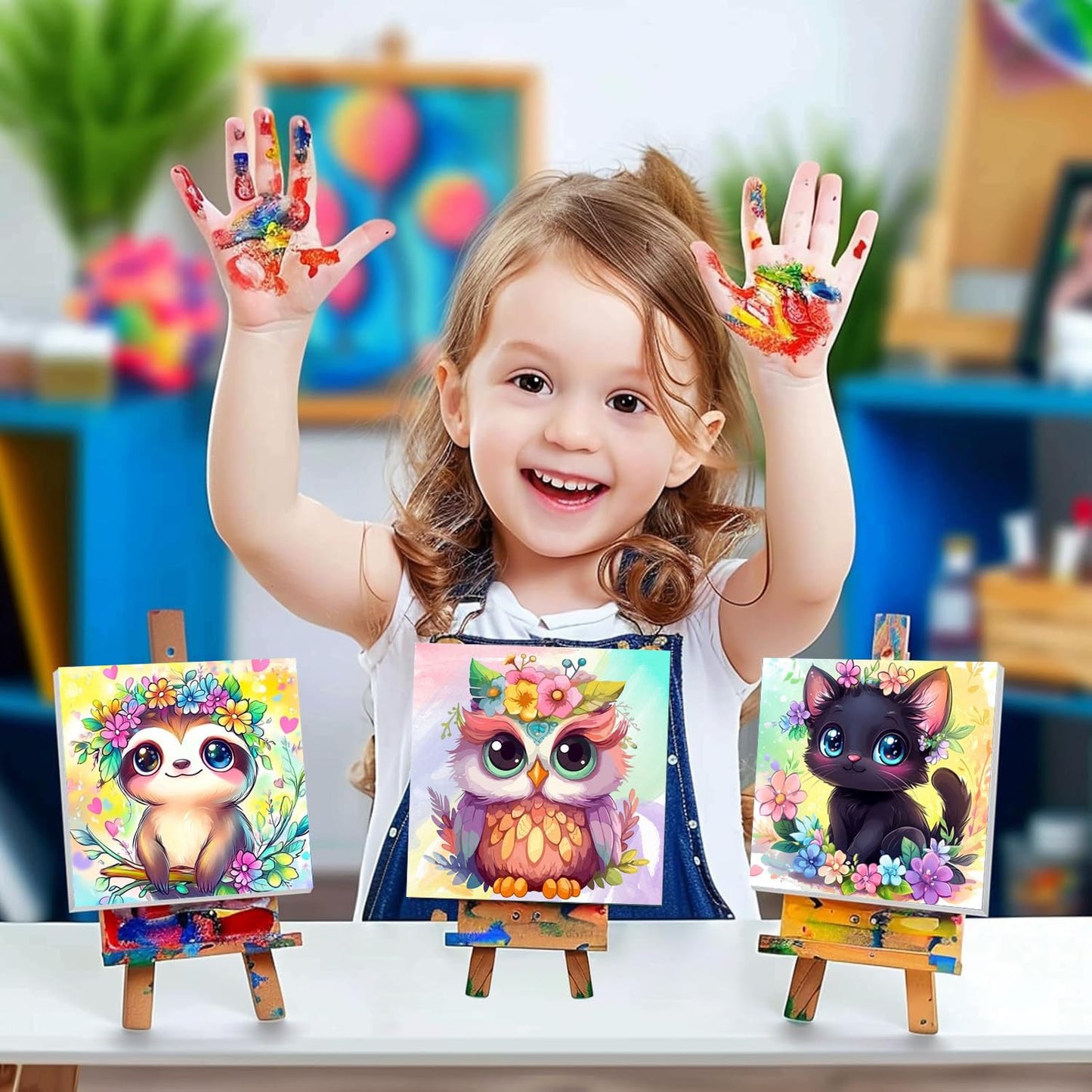 Cviokrdu 4 Pack Paint by Numbers Kits for Kids with Frame & Wooden Easel — 8x8 Inch Animal Designs