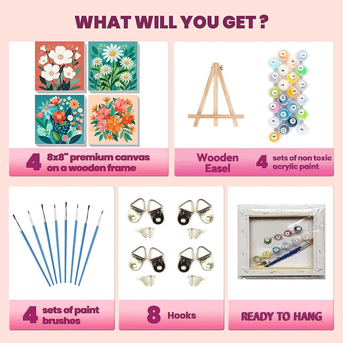 cviokrdu 4 Pack Paint by Numbers Kit for Kids with Frame – Wooden Easel, 8x8in Flowers
