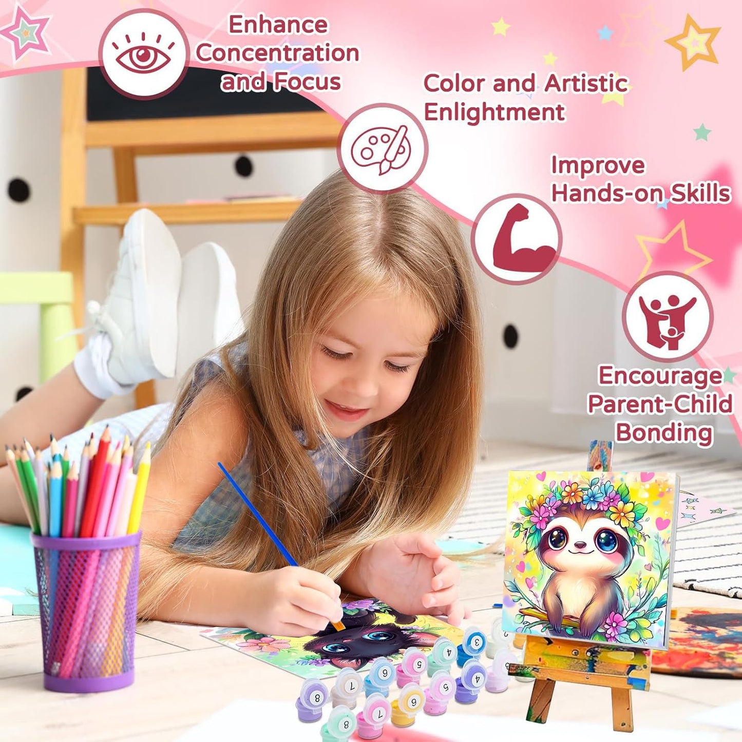 Cviokrdu 4 Pack Paint by Numbers Kits for Kids with Frame & Wooden Easel — 8x8 Inch Animal Designs
