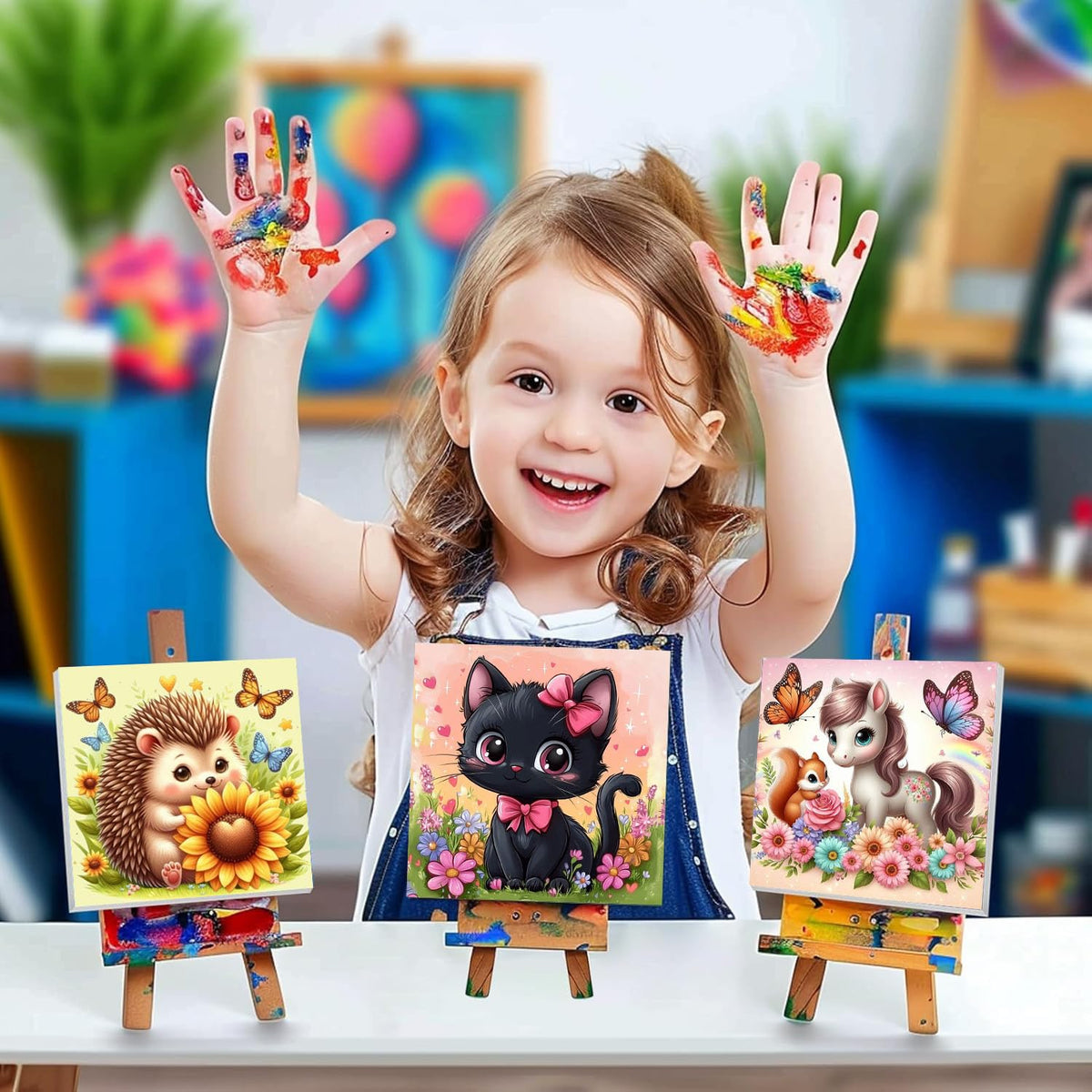 cviokrdu 4 Pack Kids Paint by Numbers Kit with Frame & Wooden Easel – 8x8 inch Animal Art