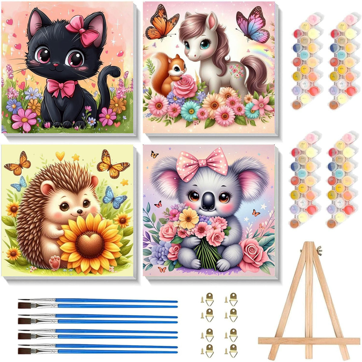 cviokrdu 4 Pack Kids Paint by Numbers Kit with Frame & Wooden Easel – 8x8 inch Animal Art