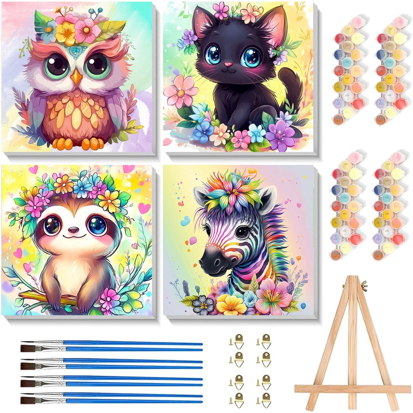 Cviokrdu 4 Pack Paint by Numbers Kits for Kids with Frame & Wooden Easel — 8x8 Inch Animal Designs