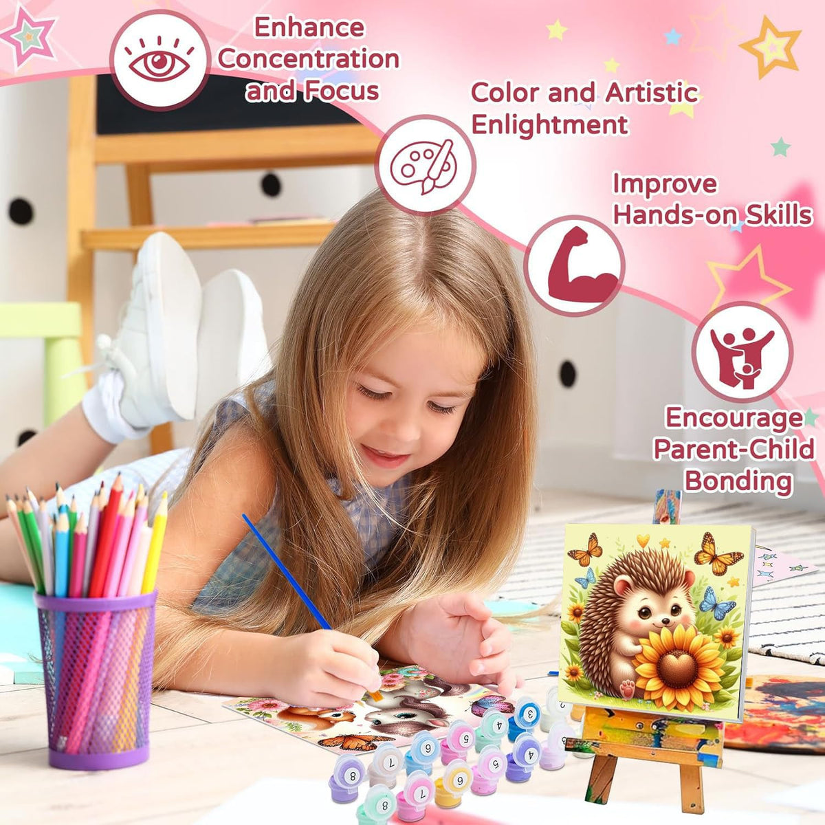 cviokrdu 4 Pack Kids Paint by Numbers Kit with Frame & Wooden Easel – 8x8 inch Animal Art