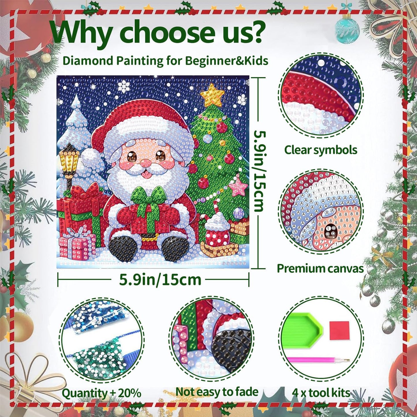cviokrdu Christmas Diamond Art Kit for Kids with Frame – Santa Claus 7x7 in Diamond Painting Gift