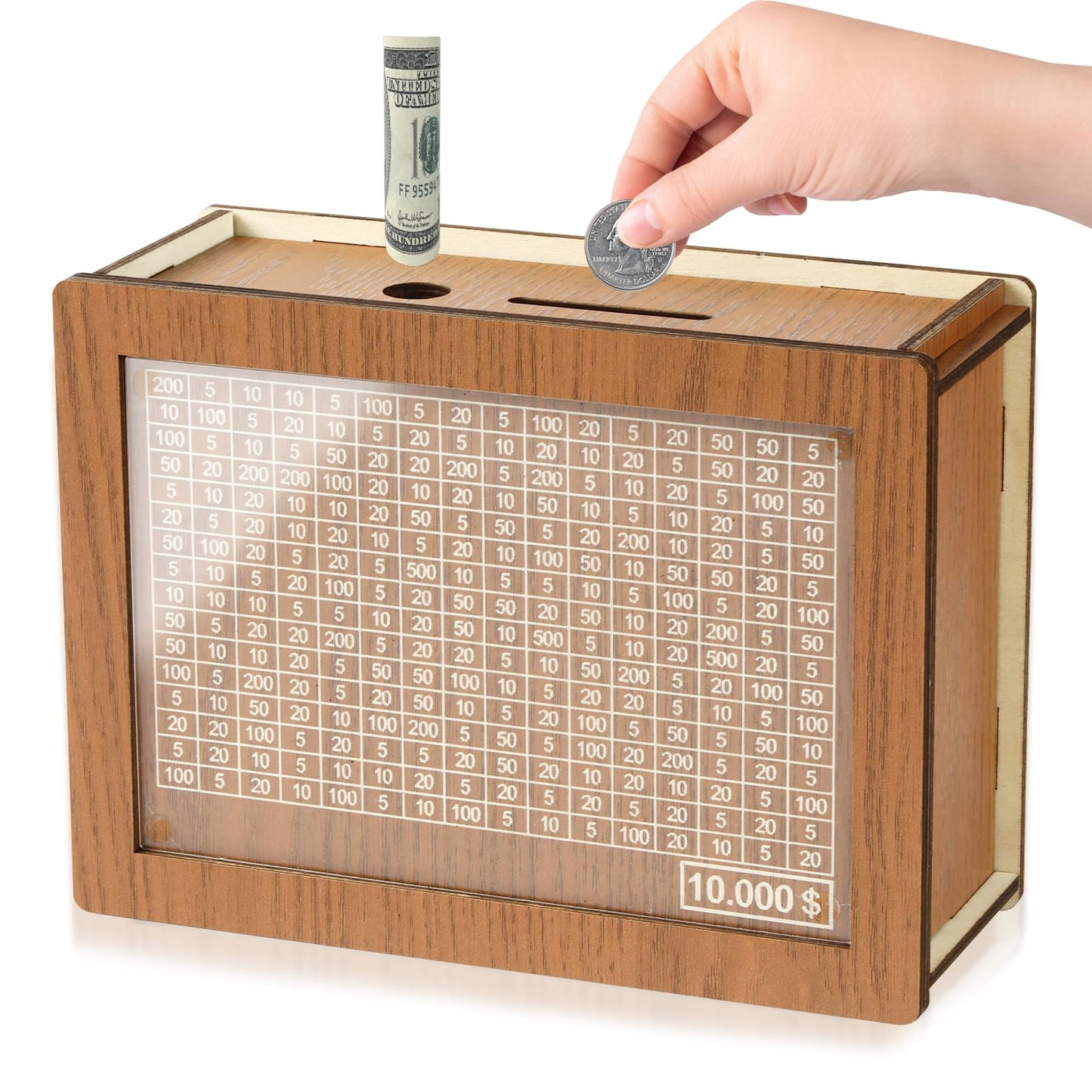 CVLDM 10000 Savings Challenge Box – Wooden Cash Vault & Reusable Piggy Bank