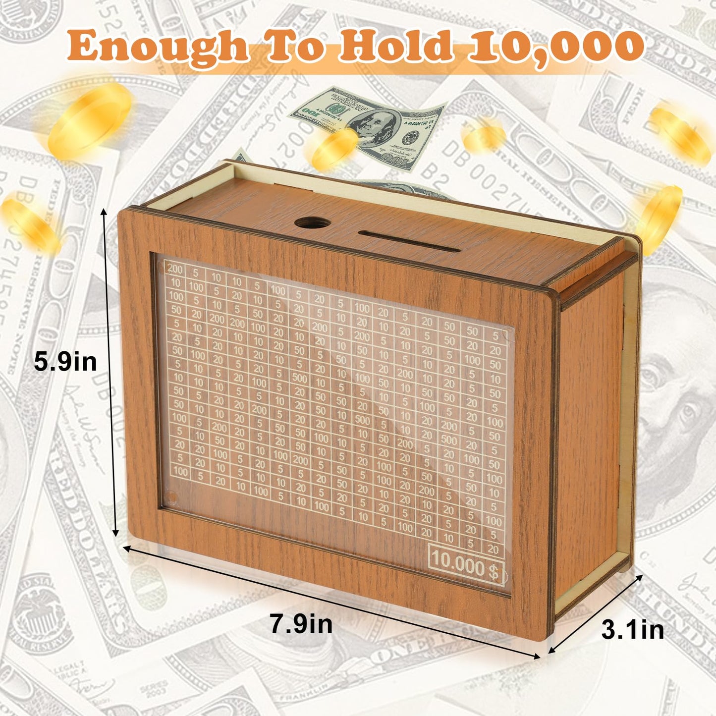 CVLDM 10000 Savings Challenge Box – Wooden Cash Vault & Reusable Piggy Bank