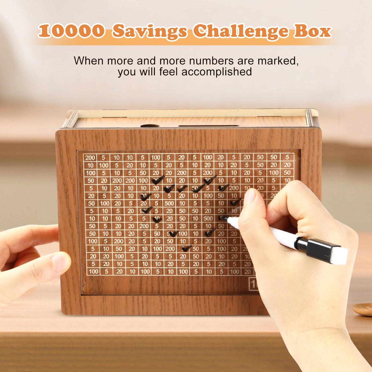 CVLDM 10000 Savings Challenge Box – Wooden Cash Vault & Reusable Piggy Bank