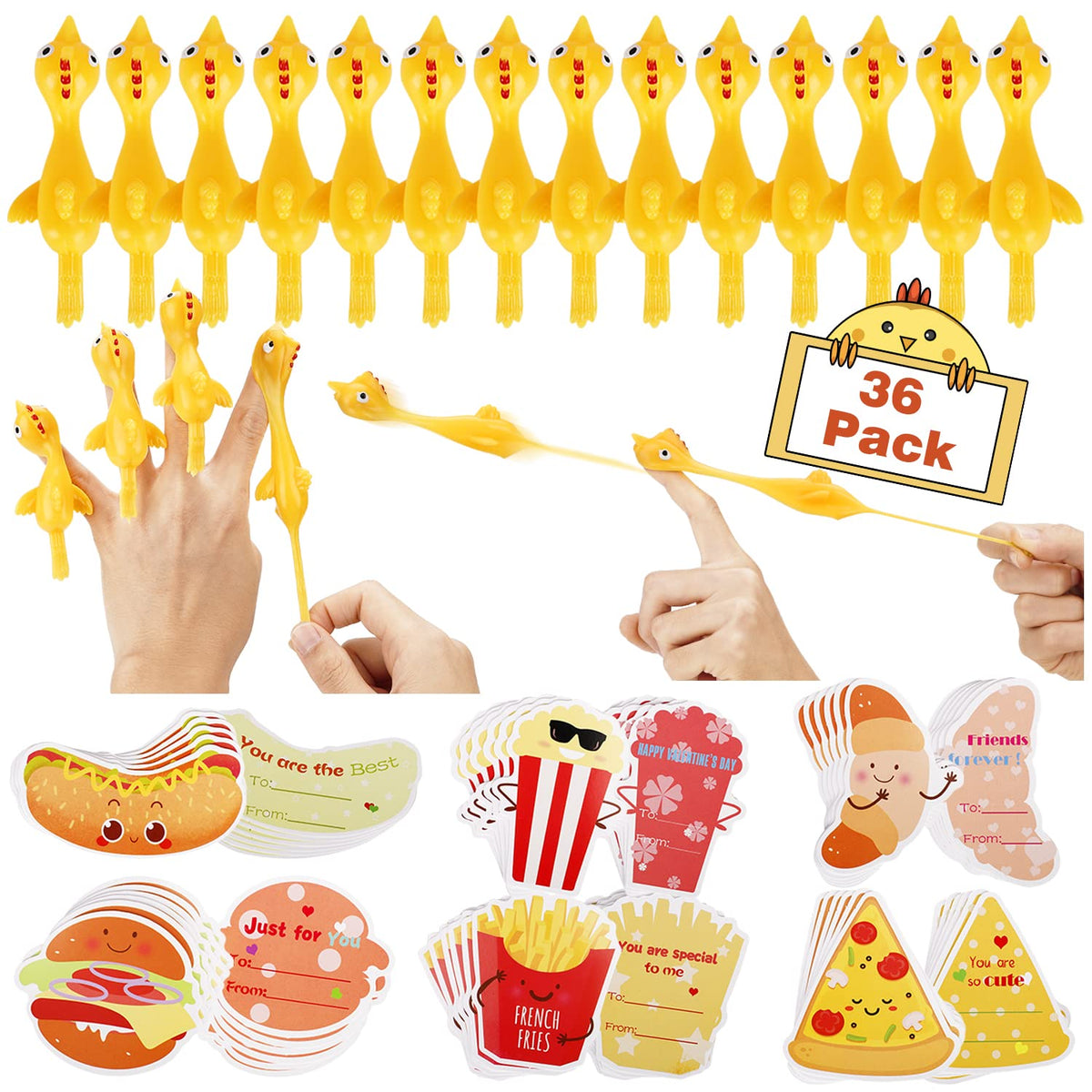 CWLAKON Valentines Cards for Kids - 36-Pack Classroom Party Favors & Stretchy Chicken Toys