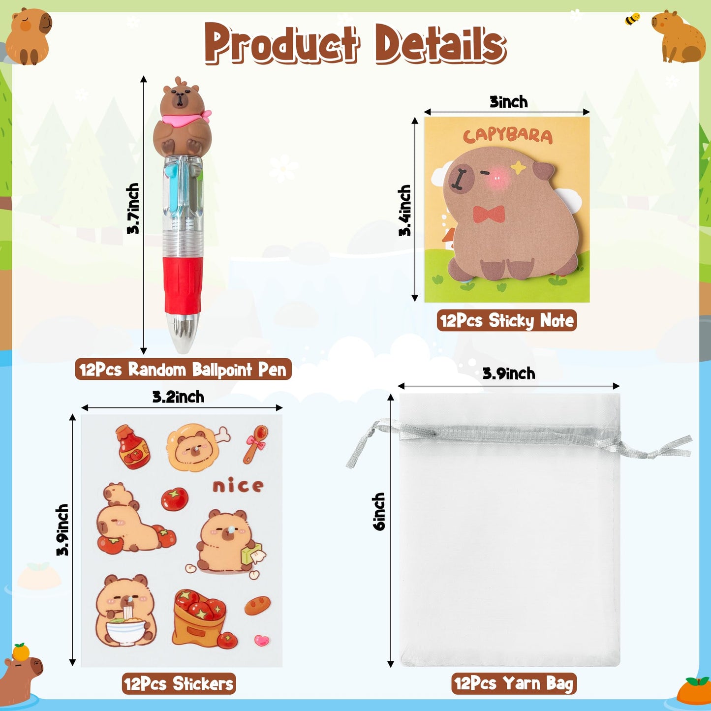 CY2SIDE Capybara Stationery Party Gift Set – 24-Pack Fun Animal 4-in-1 Pens, Sticky Notes, Stickers & Organza Bags