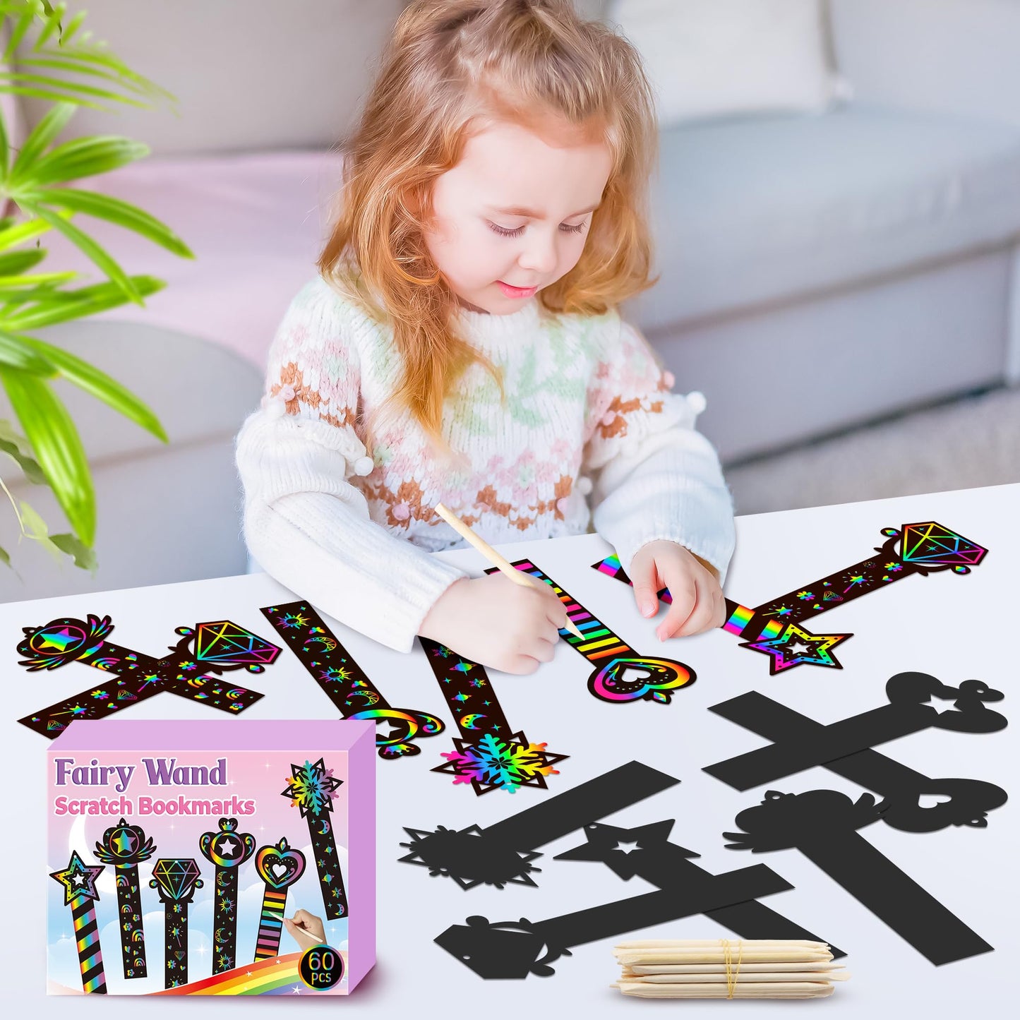 CY2SIDE 60PCS Princess Fairy Wand Scratch Bookmarks — DIY Rainbow Crafts for Kids