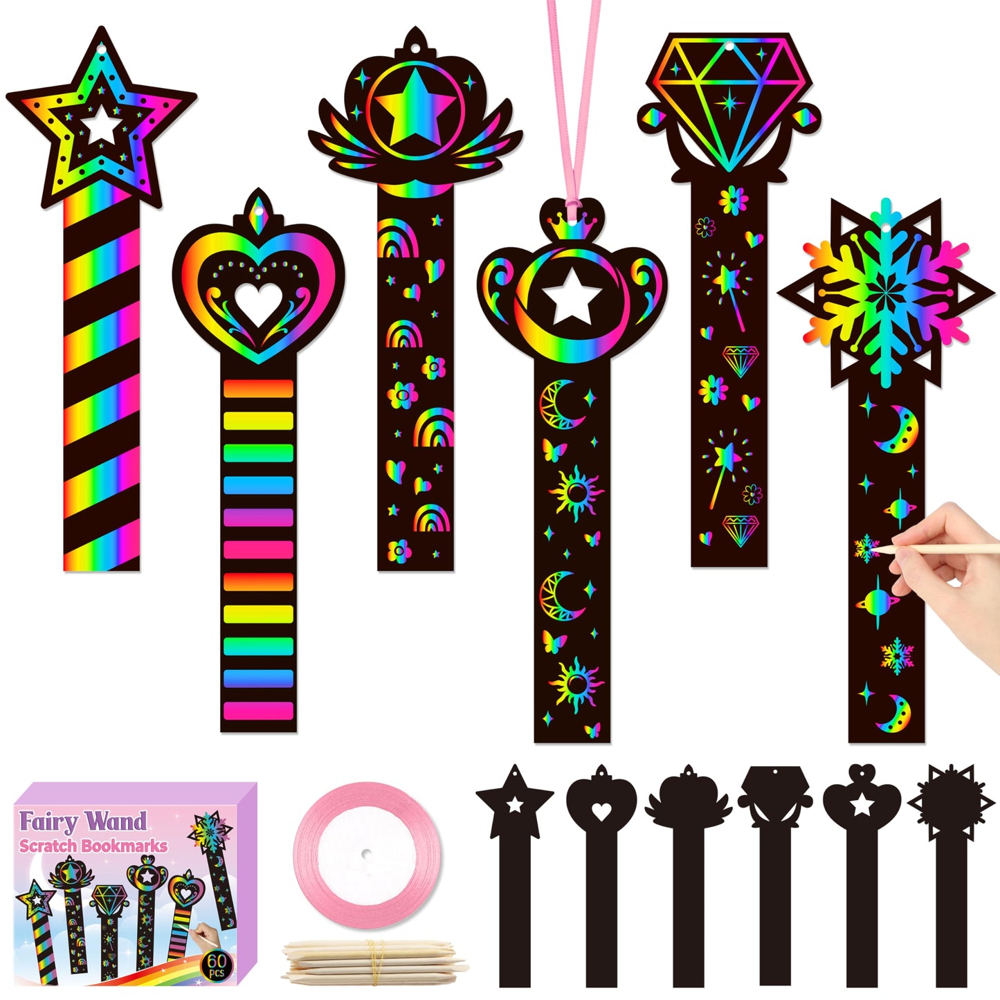 CY2SIDE 60PCS Princess Fairy Wand Scratch Bookmarks — DIY Rainbow Crafts for Kids