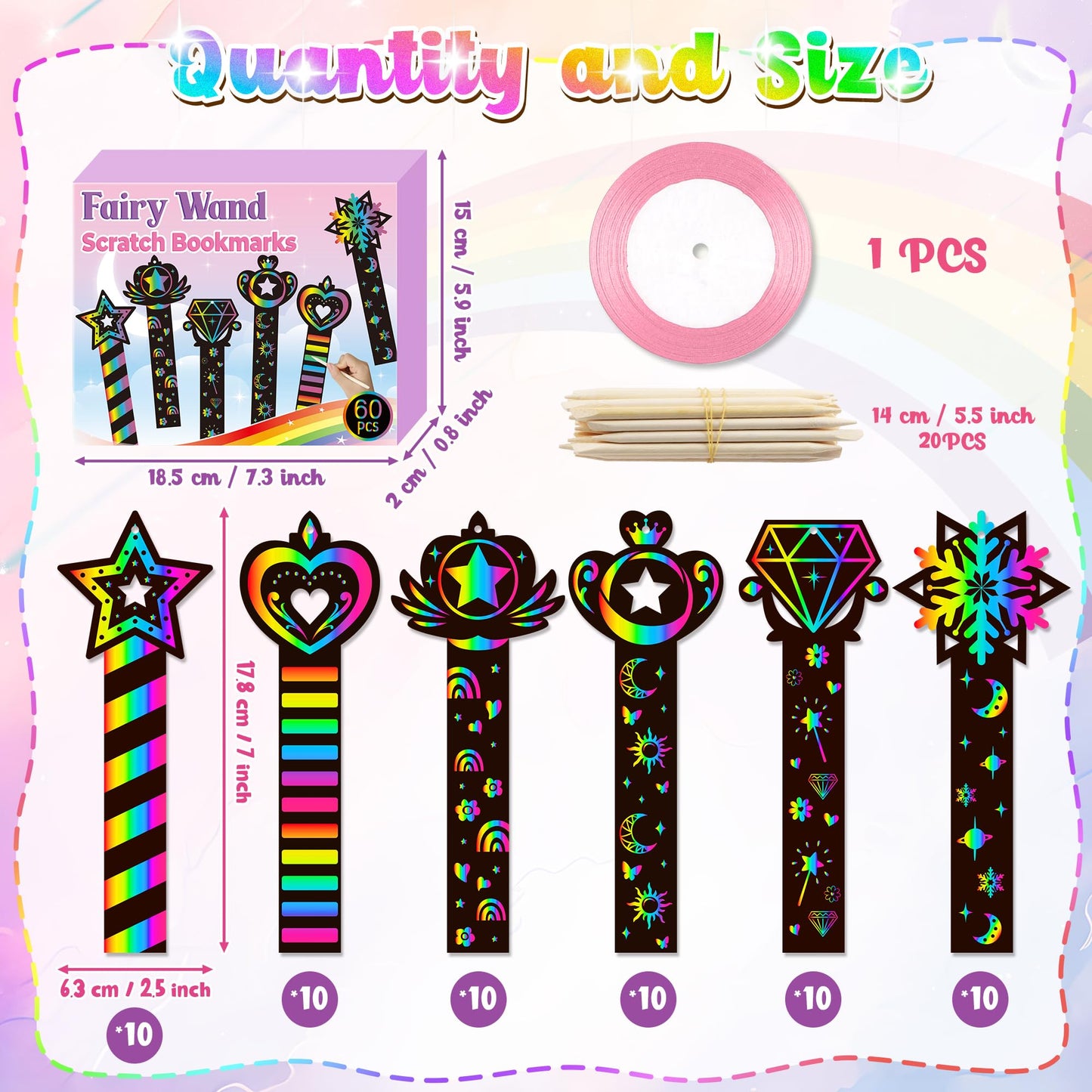 CY2SIDE 60PCS Princess Fairy Wand Scratch Bookmarks — DIY Rainbow Crafts for Kids