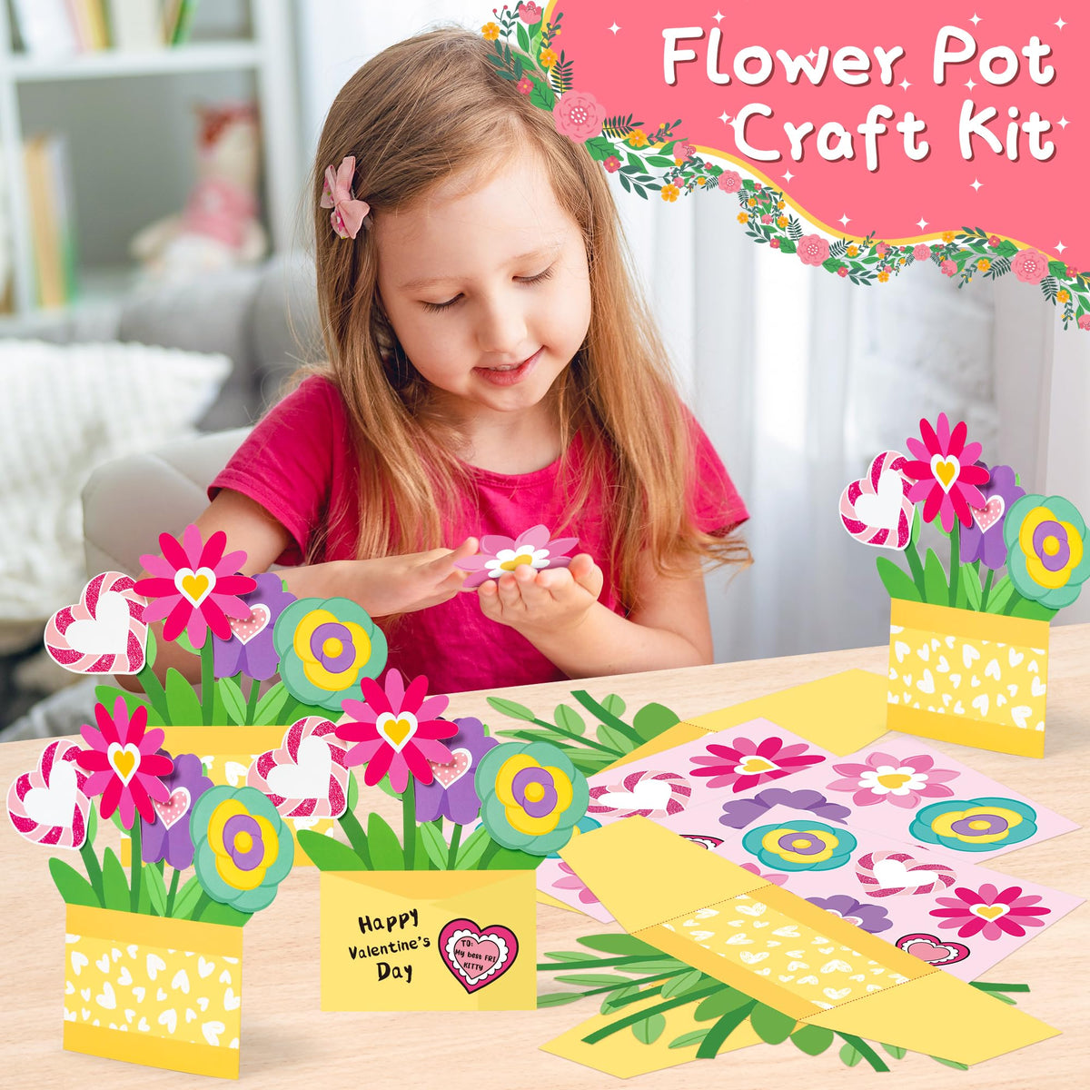 CY2SIDE Valentines Flower Pot Craft Kit – 28PCS DIY 3D Greeting Cards