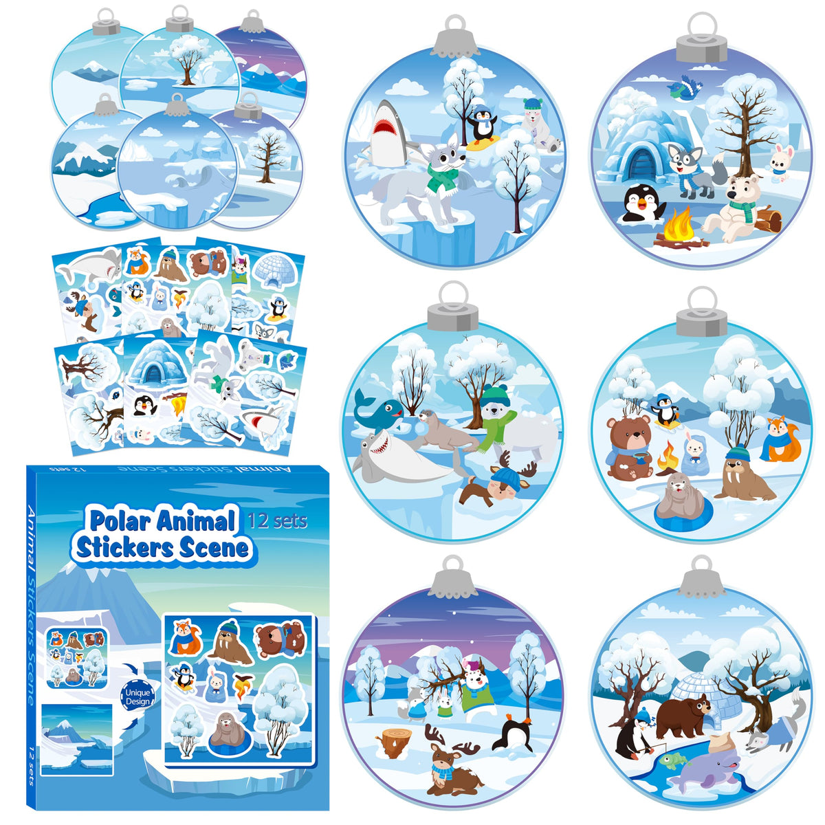 CY2SIDE 12-Piece Winter Polar Animal Sticker Scene for Kids | DIY Snowy Bear Craft