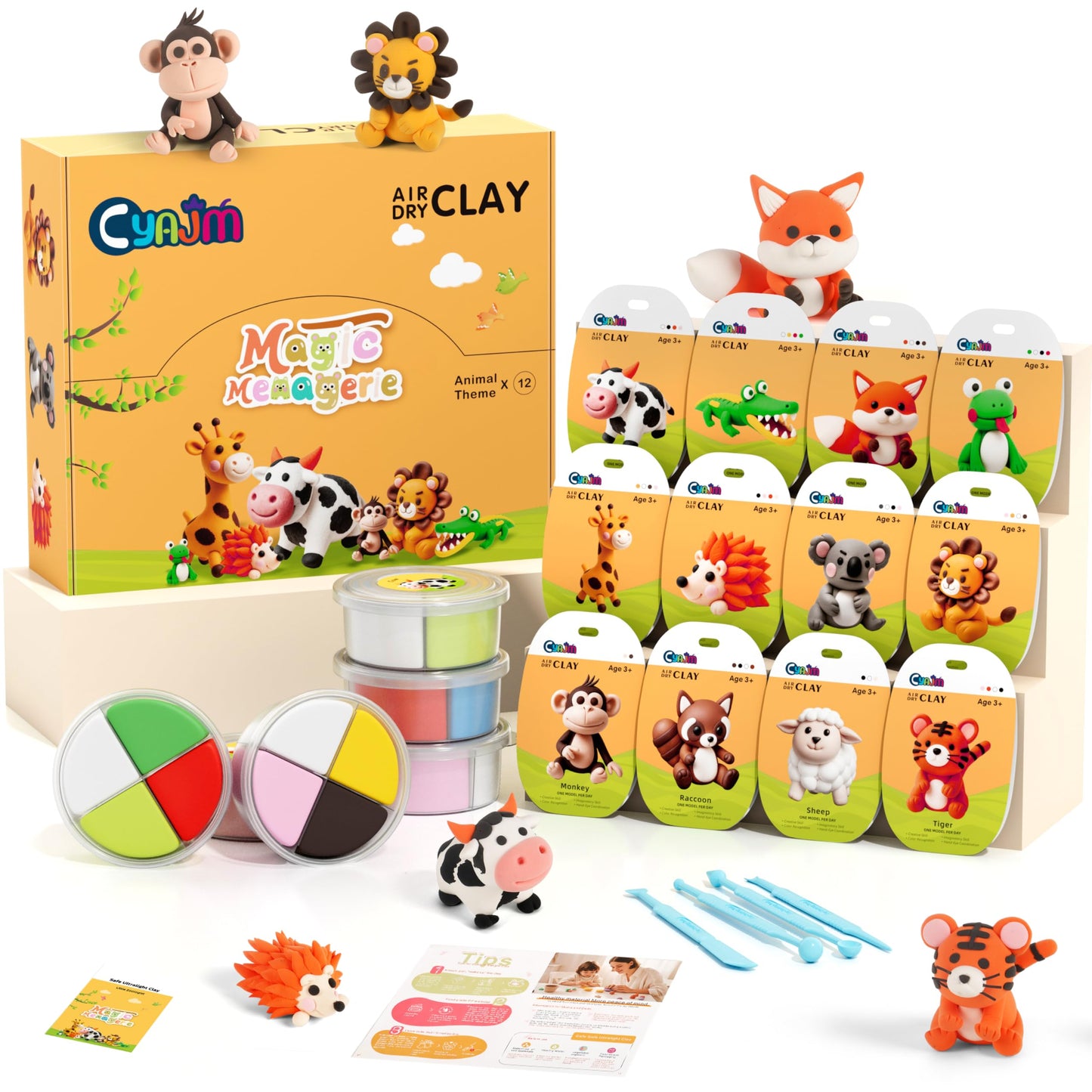 CyAJM Air Dry Clay Kits - 12-Box Animal Theme DIY Craft Set for Kids