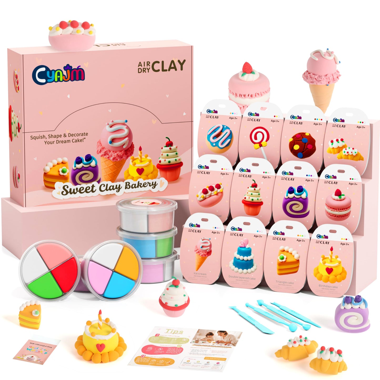 CyAJM Cake Themed Air Dry Clay Kit for Kids – 12 Boxes, Soft Modeling Clay