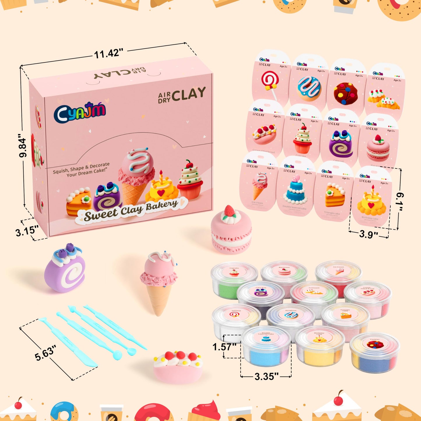 CyAJM Cake Themed Air Dry Clay Kit for Kids – 12 Boxes, Soft Modeling Clay