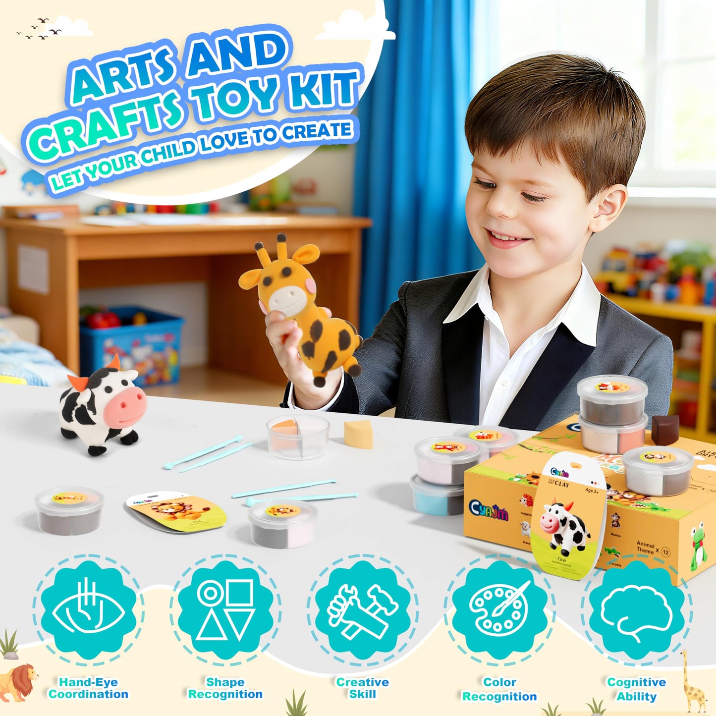 CyAJM Air Dry Clay Kits - 12-Box Animal Theme DIY Craft Set for Kids