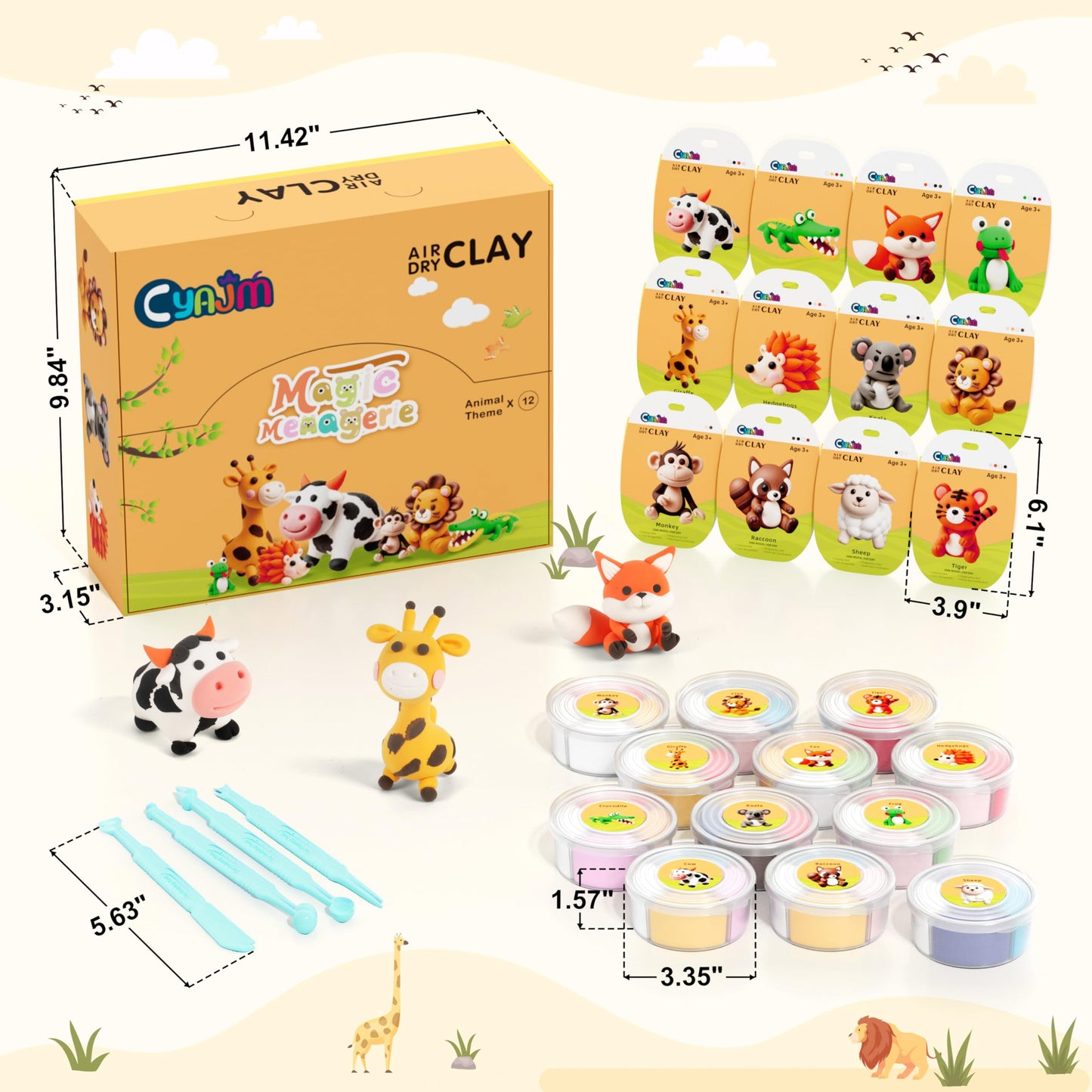 CyAJM Air Dry Clay Kits - 12-Box Animal Theme DIY Craft Set for Kids
