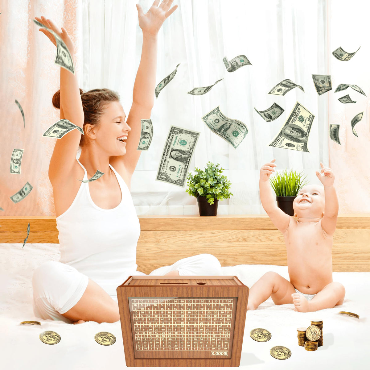 CYANLUX Piggy Bank – Wooden Money Box for Kids & Adults with $3000 Savings Challenge