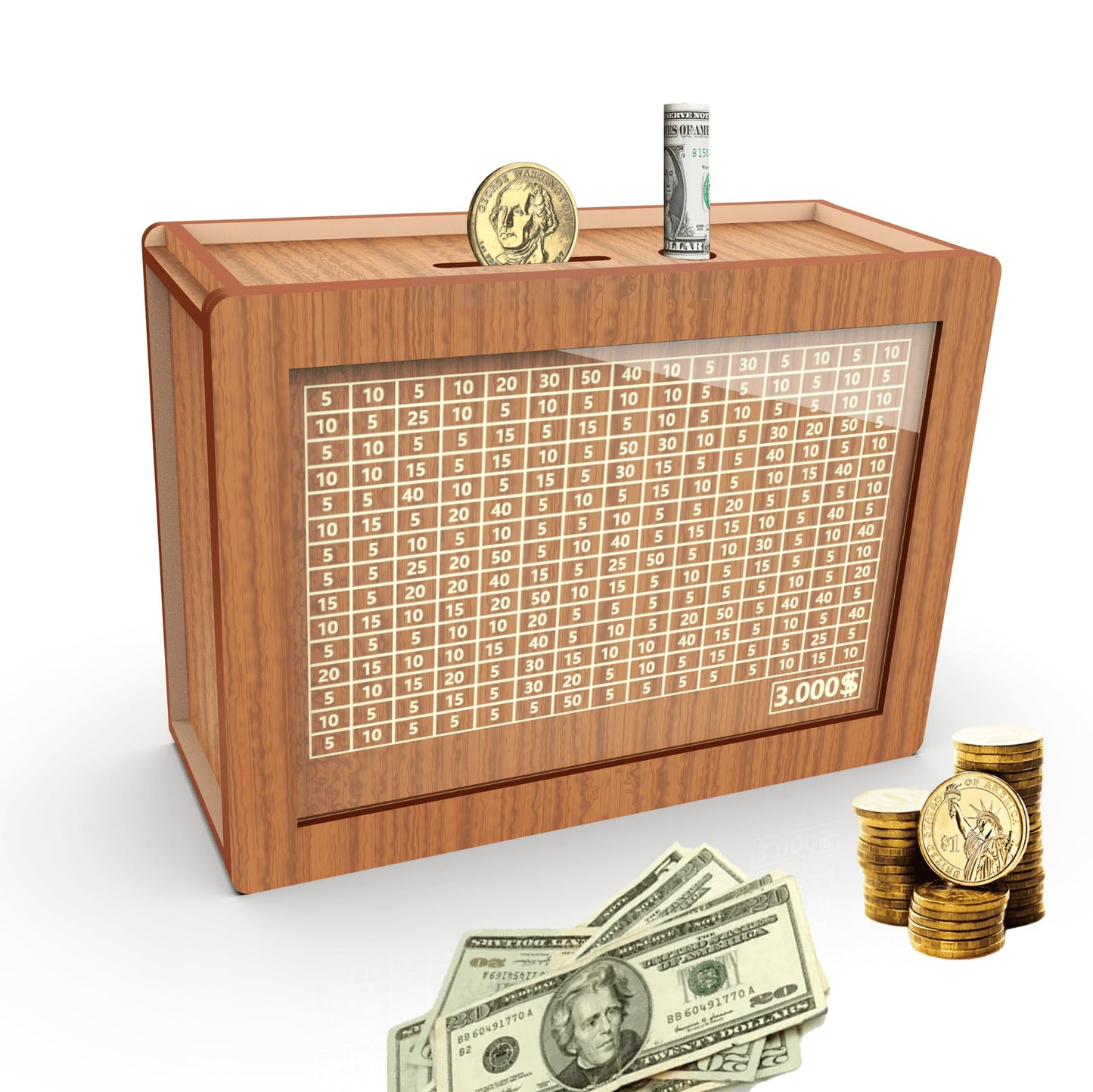 CYANLUX Piggy Bank – Wooden Money Box for Kids & Adults with $3000 Savings Challenge