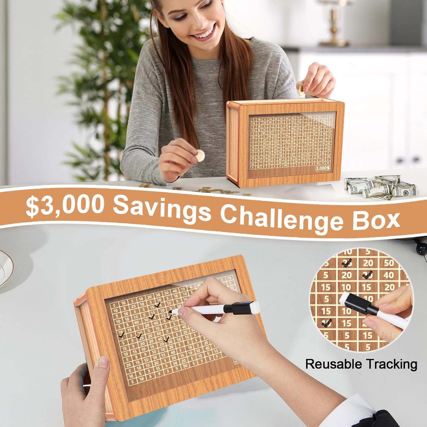 CYANLUX Piggy Bank – Wooden Money Box for Kids & Adults with $3000 Savings Challenge