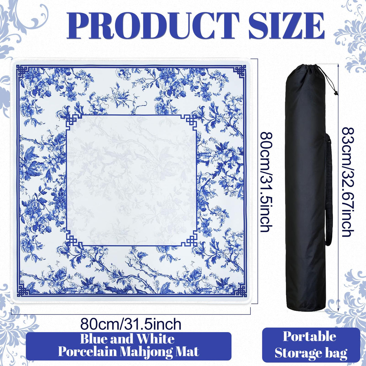 CYAOOI Blue and White Porcelain Mahjong Mat – Anti-Slip, Noise-Reducing, 31.5”x31.5” with Carry Bag