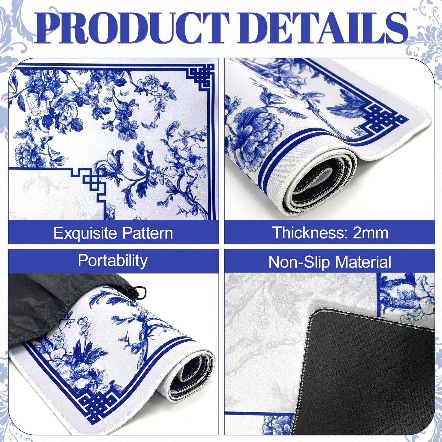 CYAOOI Blue and White Porcelain Mahjong Mat – Anti-Slip, Noise-Reducing, 31.5”x31.5” with Carry Bag