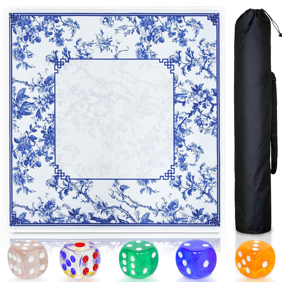 CYAOOI Blue and White Porcelain Mahjong Mat – Anti-Slip, Noise-Reducing, 31.5”x31.5” with Carry Bag