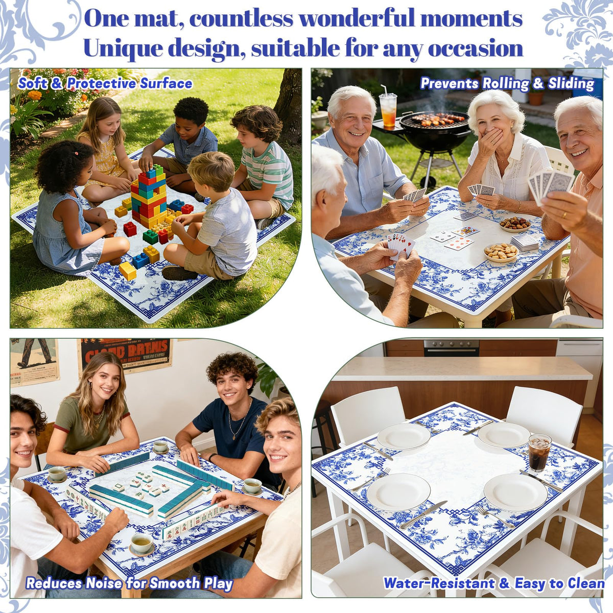 CYAOOI Blue and White Porcelain Mahjong Mat – Anti-Slip, Noise-Reducing, 31.5”x31.5” with Carry Bag