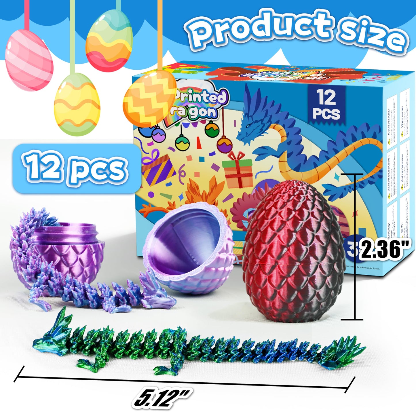 Cybermaker 12-Piece Easter Eggs: 3D Printed Dragon Toys for Kids, Desk Decor & Gifts
