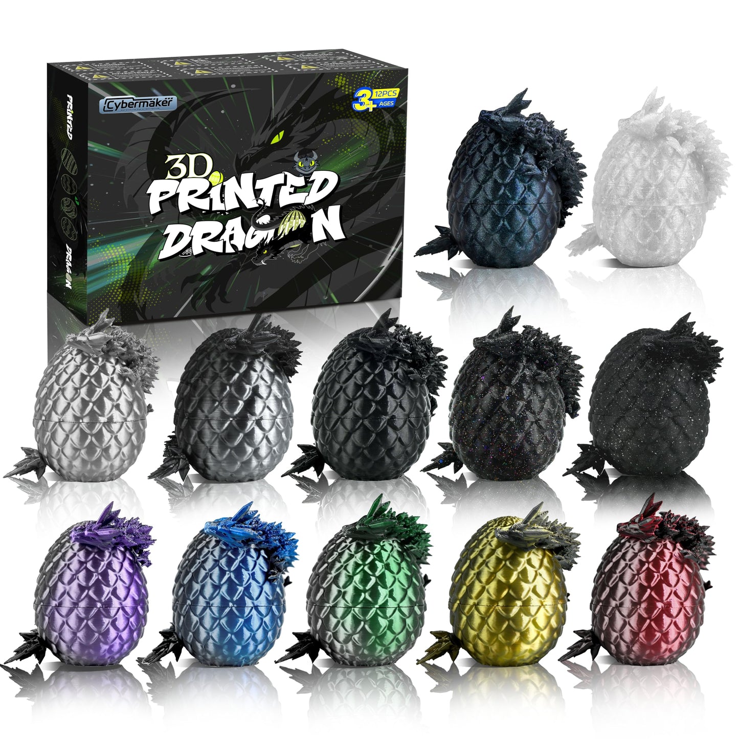 Cybermaker 12Pcs Black Dragon Eggs with Inside Dragon | 3D Printed Collectibles