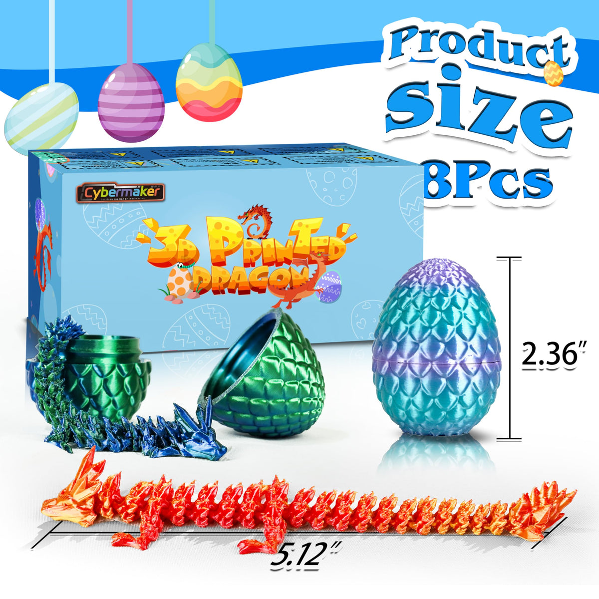 Cybermaker 8pc 3D Printed Dragon Egg Toys – Articulated Crystal Dragons for Kids