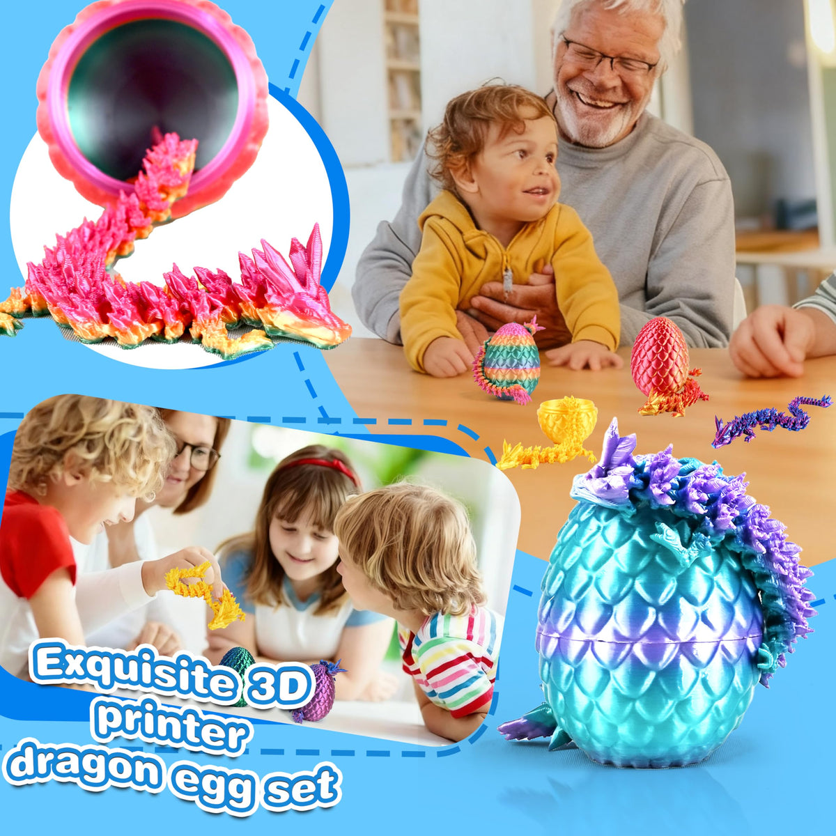 Cybermaker 8pc 3D Printed Dragon Egg Toys – Articulated Crystal Dragons for Kids