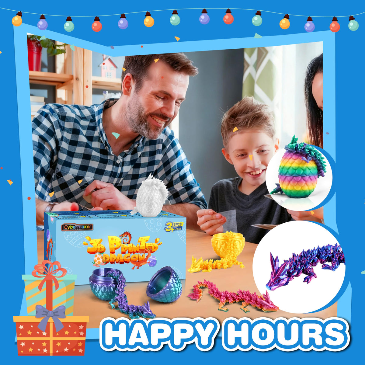 Cybermaker 8pc 3D Printed Dragon Egg Toys – Articulated Crystal Dragons for Kids