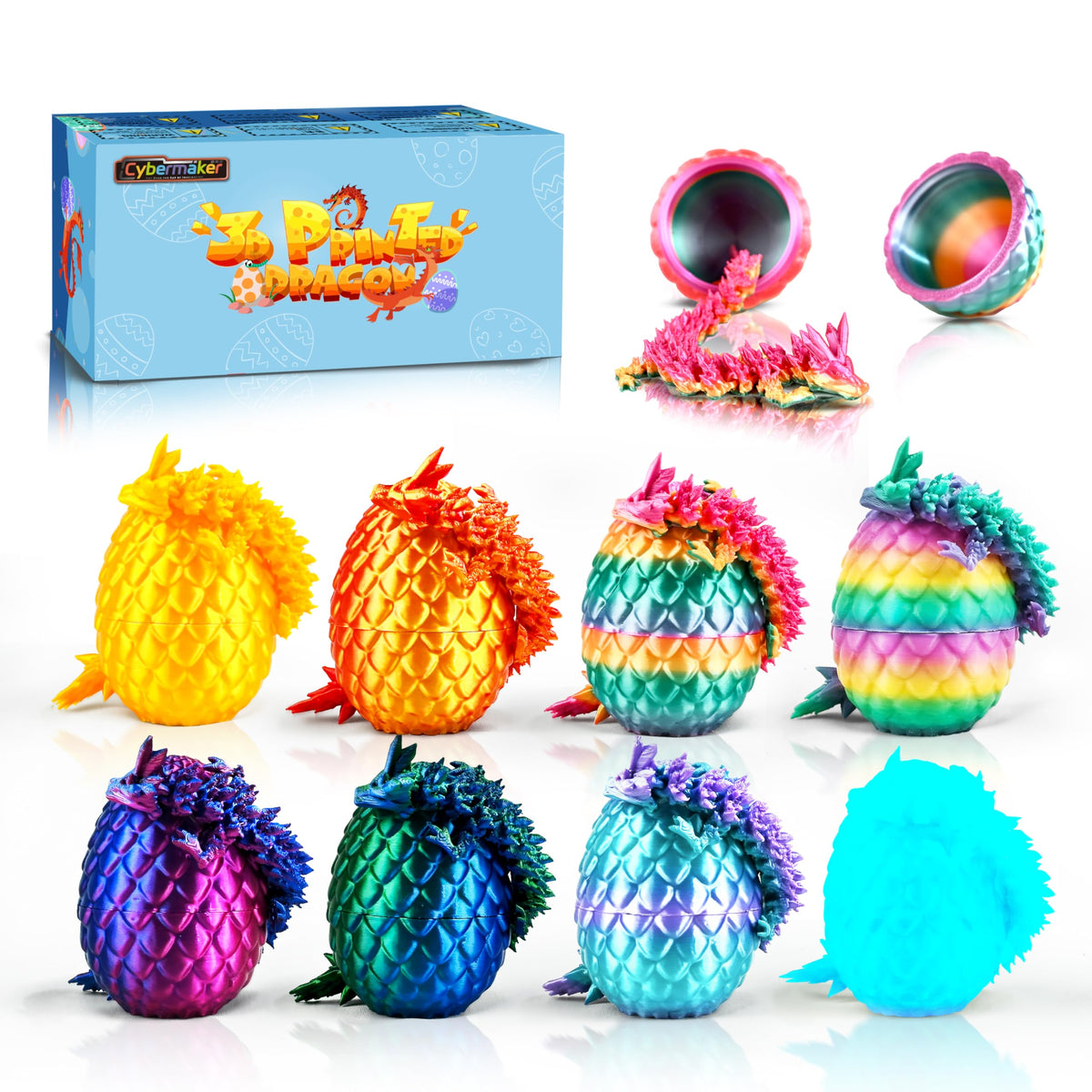 Cybermaker 8pc 3D Printed Dragon Egg Toys – Articulated Crystal Dragons for Kids
