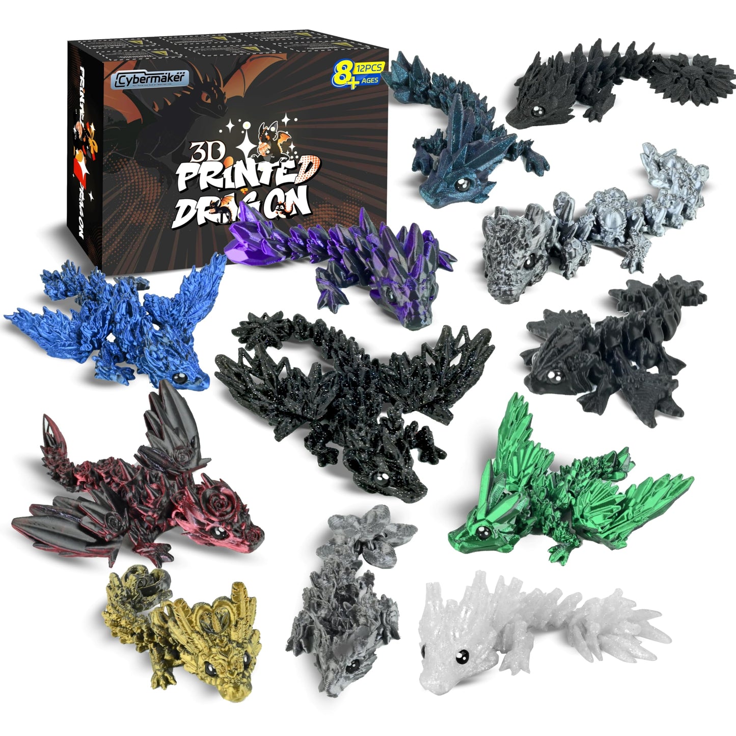 Cybermaker 12-Piece Black Series Dragon Set | Articulated 3D Printed Dragons for Desk Decor & Fidget Toys